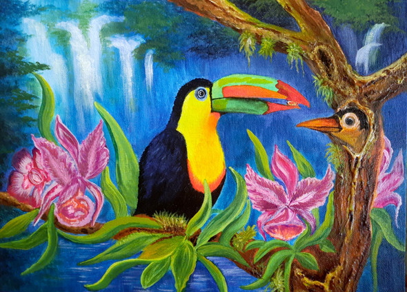 'Feeding Rainbow Toucan- Tropical Rainforest Vibes' (ART_8271_60091) - Handpainted Art Painting - 14in X 11in
