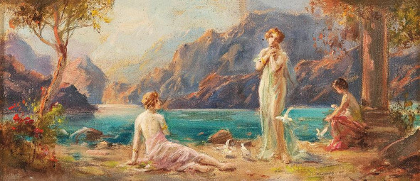 Women On The Lakeside By Hans Zatzka (PRT_10255) - Canvas Art Print - 23in X 10in