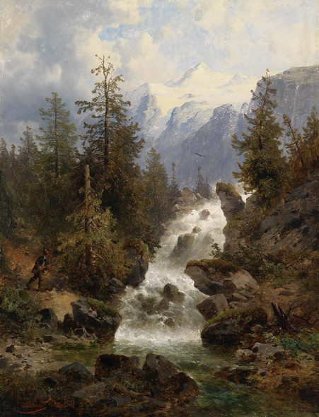 J√§ger Am Wasserfall By Josef Thoma (PRT_10410) - Canvas Art Print - 21in X 28in