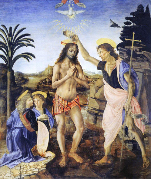 Leonardo Da Vinci's Baptism Of Christ (1470) (PRT_10487) - Canvas Art Print - 16in X 19in