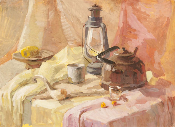 still life, lamp, lamp on table, tea, tea pot, table