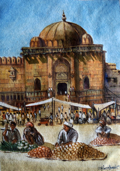 MARKET (ART_8291_60467) - Handpainted Art Painting - 11in X 15in