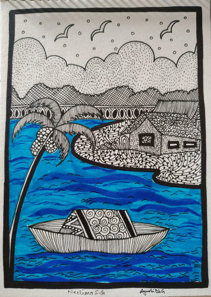 Beautiful Waterside Scenery with a boat with Zentangles (ART_8016_60366) - Handpainted Art Painting - 5in X 8in