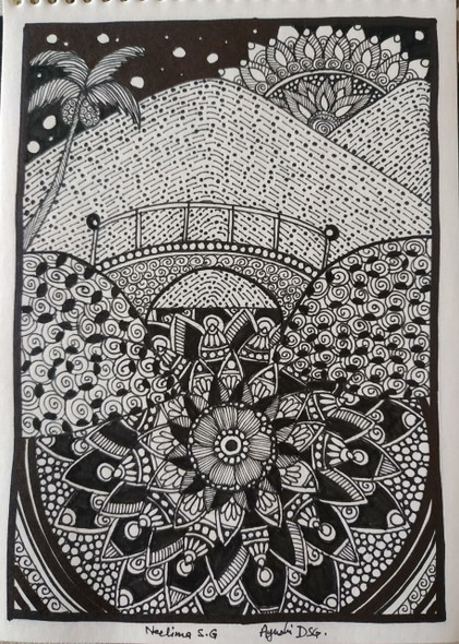 Abstract Scenery with Zentangle Art in Black and White (ART_8016_60357) - Handpainted Art Painting - 5in X 8in