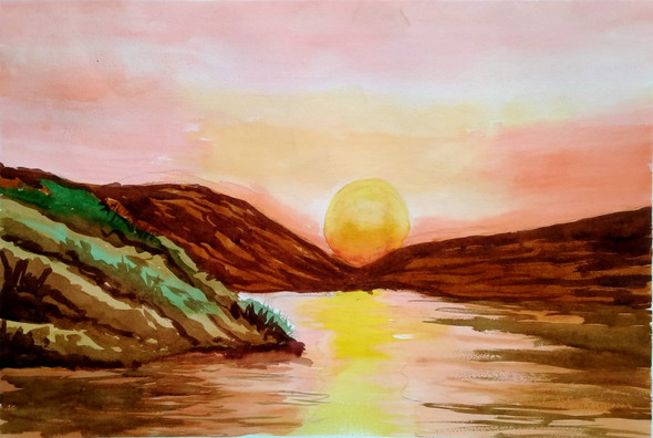 Sunset in the mountains (ART_8273_60278) - Handpainted Art Painting - 21in X 13in
