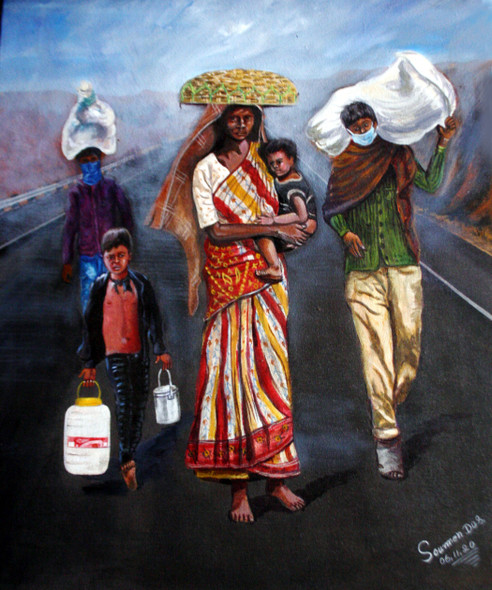 Pandemic Refugee (ART_6744_60239) - Handpainted Art Painting - 20in X 24in