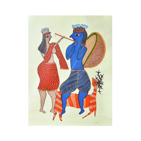 Gond Art | Radhe Krishna | Paintings for Wall Decor | Bastar Art | BG008 (ART_8272_60216) - Handpainted Art Painting - 30in X 36in