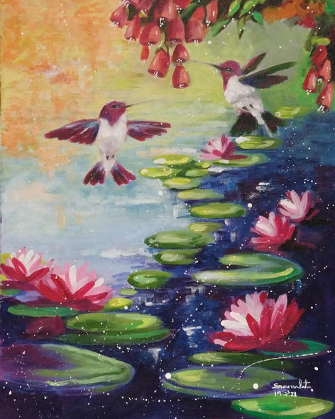 Sunset lake - lilly pond with humming birds (ART_7948_59288) - Handpainted Art Painting - 14in X 20in