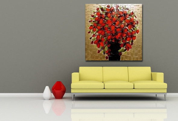 Red Flowers - Handpainted Art Painting - 36in X 36in