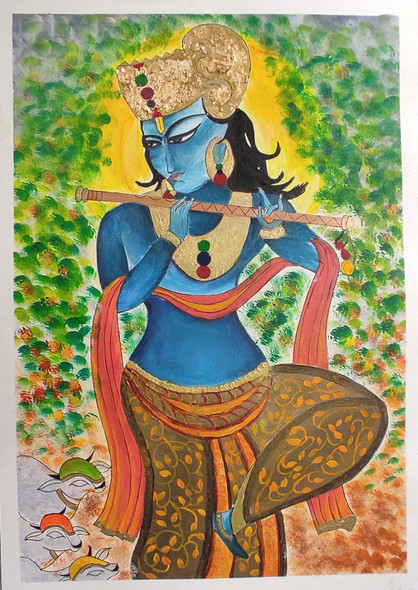Krishna painting / gold leaf (ART_7235_60428) - Handpainted Art Painting - 15in X 22in