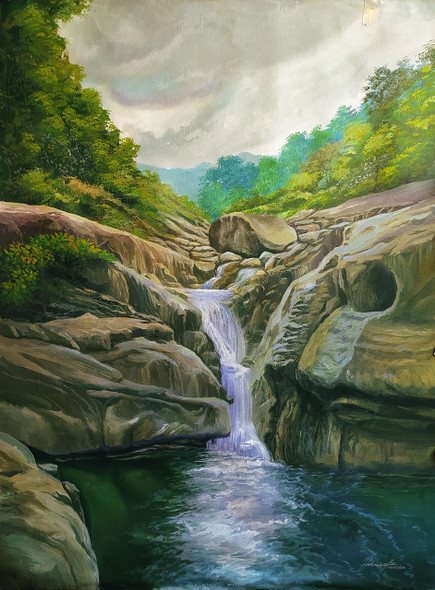 Pasukkadavu Water Fall (ART_7964_55765) - Handpainted Art Painting - 34in X 46in