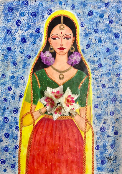 WELCOME LADY 3D FLOWERS ACRYLIC HANDPAINTING (ART_7748_60742) - Handpainted Art Painting - 23in X 33in