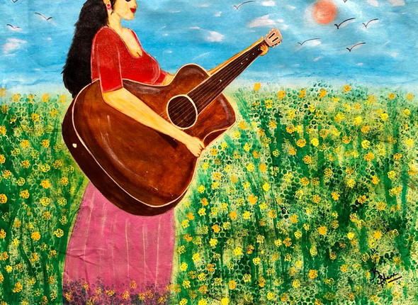 LADY WITH GUITAR ACRYLIC HANDPAINTING (ART_7748_60741) - Handpainted Art Painting - 32in X 23in