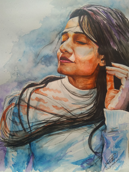 Windy day - painting of a beautiful girl on a windy day (ART_8307_60708) - Handpainted Art Painting - 12in X 17in