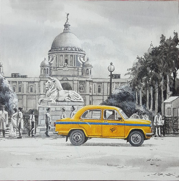 Yellow taxi of Kolkata (ART_8302_60685) - Handpainted Art Painting - 24in X 20in