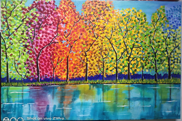 Autumn reflection-2 (ART_1243_60819) - Handpainted Art Painting - 36in X 24in