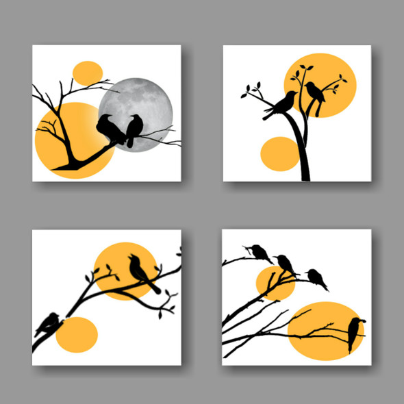 Abstract 4 Piece Birds Art (ART_7664_60785) - Handpainted Art Painting - 20in X 20in