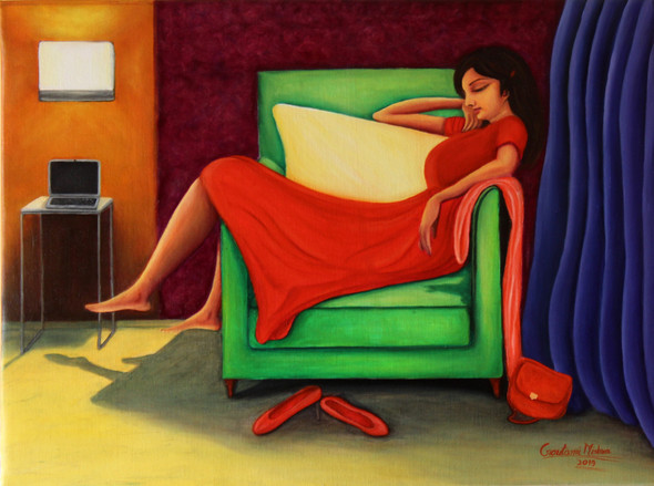 Girl In Red Oil Painting (ART_976_42309) - Handpainted Art Painting - 24in X 18in