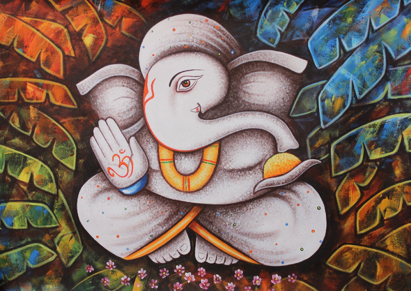 Lord Ganesha Blessings (ARTOHOLIC) (ART_3319_32651) - Handpainted Art Painting - 36in X 24in