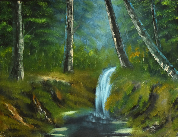 Forest Waterfall (ART_976_3031) - Handpainted Art Painting - 19in X 14in