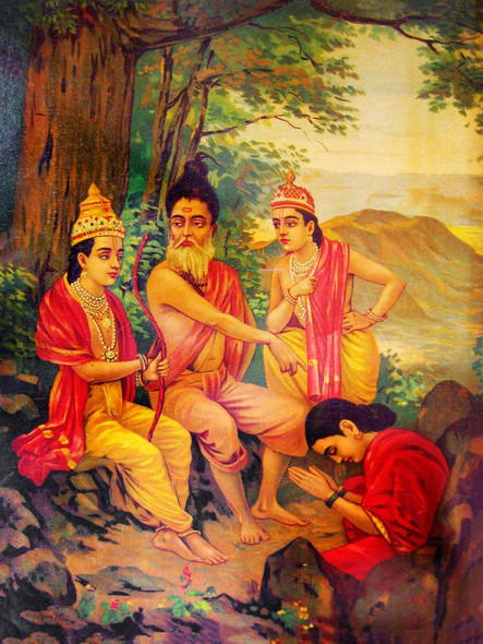 Rama Releasing Ahalya From Curse By Raja Ravi Varma (PRT_10741) - Canvas Art Print - 15in X 20in