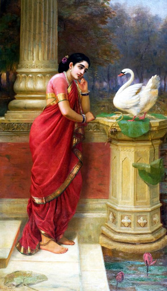 Princess Damayanthi Talking With Royal Swan About Nala By Raja Ravi Varma (PRT_10740) - Canvas Art Print - 15in X 27in