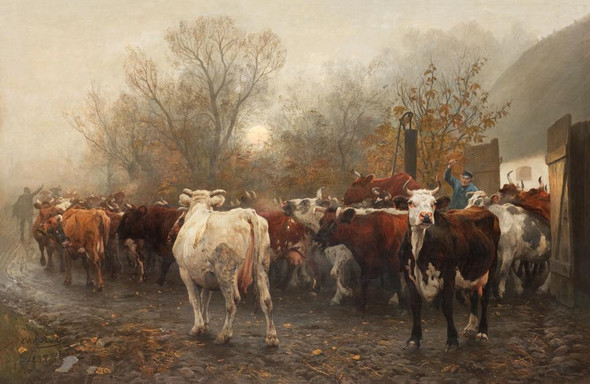 Driving Cows Out Of The Cowhouse (1885) By Otto Bache (PRT_10649) - Canvas Art Print - 32in X 21in