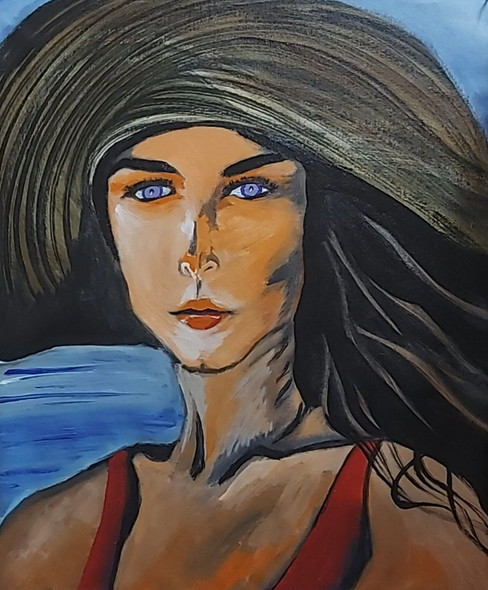 Woman on the Beach (ART_8322_61269) - Handpainted Art Painting - 16in X 22in