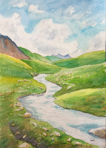 Hills and Stream (ART_8185_61255) - Handpainted Art Painting - 7in X 10in