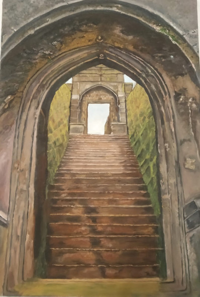 Archway door to ancient fort (ART_8318_61240) - Handpainted Art Painting - 15in X 22in