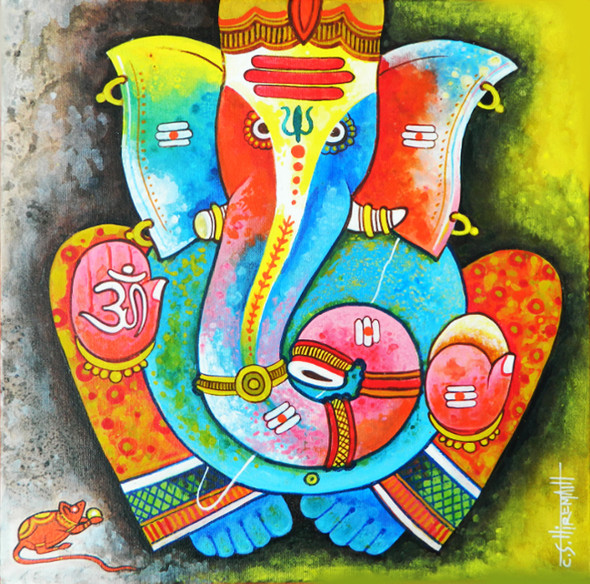 Lord Ganesh-21 (ART_223_61214) - Handpainted Art Painting - 18in X 18in