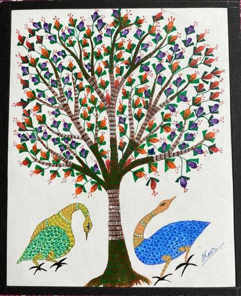 Gond Arts Tree  Birds (ART_2050_61181) - Handpainted Art Painting - 8in X 10in