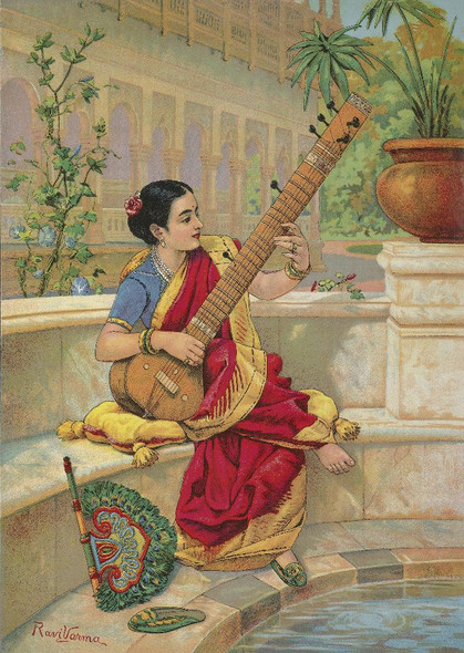 A Seated Indian Woman Plays A Sitar Next To A Garden Pond By Raja Ravi Varma (PRT_10751) - Canvas Art Print - 25in X 35in
