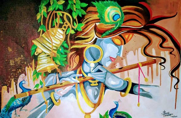 Krishna With Flute (ART_7664_61461) - Handpainted Art Painting - 25in X 18in