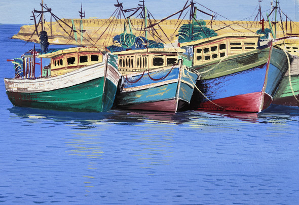 Vizag harbour (ART_329_61596) - Handpainted Art Painting - 13in X 9in