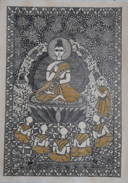 THE LORD BUDHA MITHILA OR MADHUBANI PAINTING (ART_8297_61501) - Handpainted Art Painting - 13in X 18in