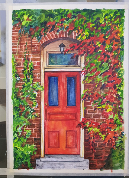 Red Door and Brick wall (PRT_7989_61812) - Canvas Art Print - 8in X 11in