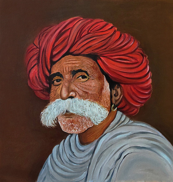 The Glimpse of Rajasthan - Man wearing traditional Rajasthani turban (ART_5557_61808) - Handpainted Art Painting - 22in X 24in