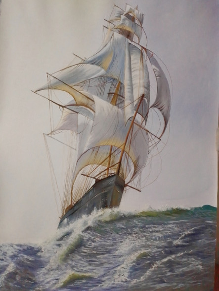 Majestic Approach Of Ship (ART_5868_61778) - Handpainted Art Painting - 22in X 32in