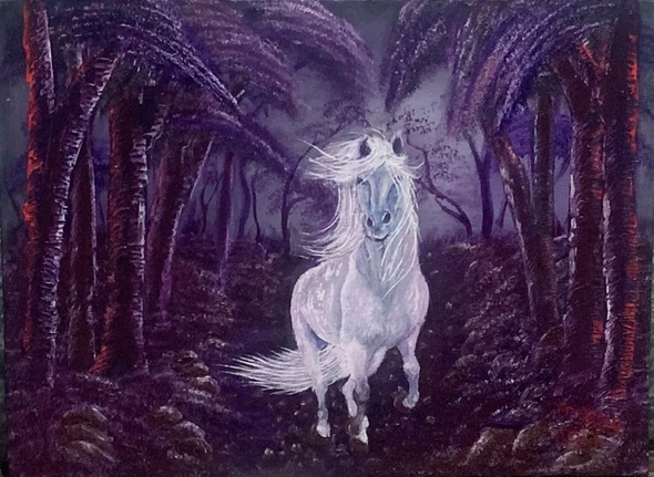 “Mystical White Horse In Enchanted Dark Forest Painting” (ART_8067_61783) - Handpainted Art Painting - 16in X 12in