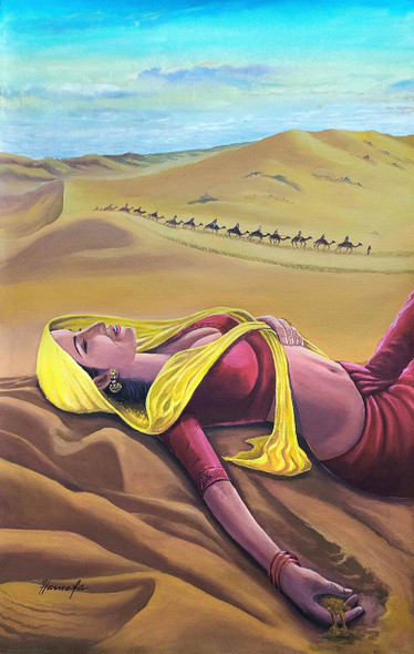 Women Relaxing on desert (ART_7964_61775) - Handpainted Art Painting - 18in X 33in