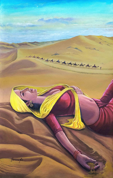 Women Relaxing On Desert (ART_7964_61775) - Handpainted Art Painting - 18in X 33in