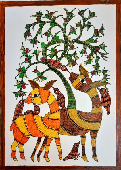 Gond Art Deer 2 (ART_2399_51545) - Handpainted Art Painting - 10in X 14in