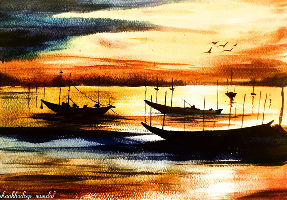 Boat series 4 (ART_6698_61930) - Handpainted Art Painting - 12in X 8in