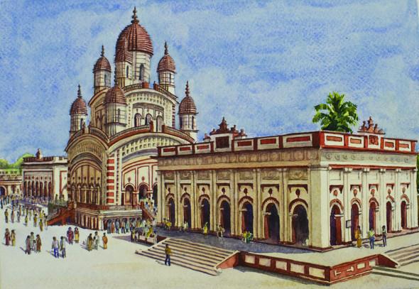 The Temple of Maa Kaali at Dakshineshwar (ART_8368_61867) - Handpainted Art Painting - 11in X 8in