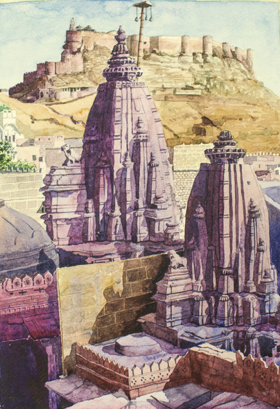 Temples and the Fort (ART_8368_61866) - Handpainted Art Painting - 8in X 11in