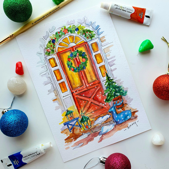 Christmas Door-happy vibes (ART_7989_61862) - Handpainted Art Painting - 8in X 11in