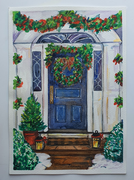 Christmas Door In Indigo (ART_7989_61860) - Handpainted Art Painting - 8in X 11in