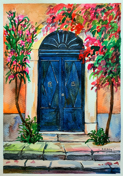 Ultimate Indigo Door (ART_7989_61858) - Handpainted Art Painting - 8in X 11in