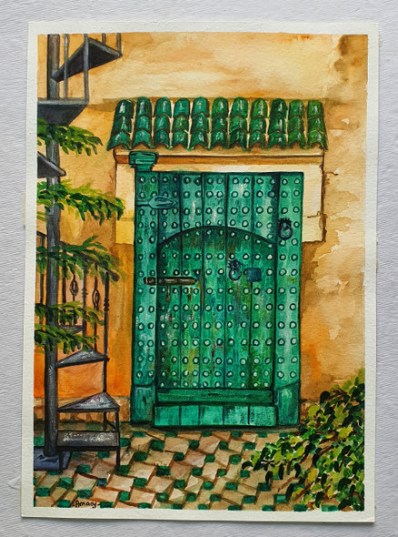 The Green Morocco Door (ART_7989_61841) - Handpainted Art Painting - 8in X 11in